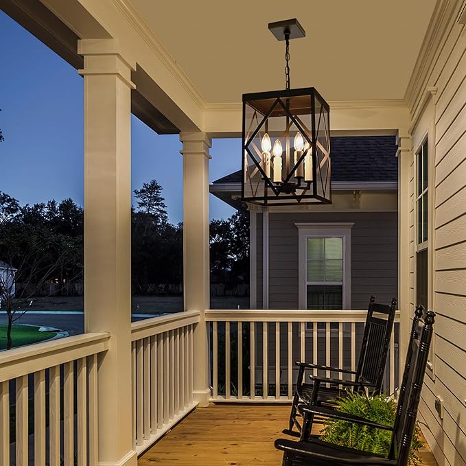 Black Exterior Pendant Lights for Porch with Clear Glass 4 Light Adjustable Hanging Lamp Farmhouse Lantern Porch Light Exterior Chandelier Ceiling Mount for Entrance Patio, White Candle Socket
