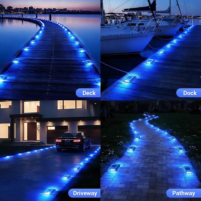 Solar Dock Lights Outdoor 16 Pack, IP68 Waterproof Solar Powered Driveway Lights, Driveway Marker Deck Lights for Steps Pathway Walkway Sidewalk Pool Garage Stair Marine (Blue)