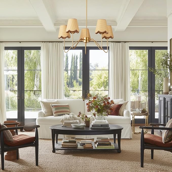 28" Rattan Chandelier, Large Modern Pendant Light Fixtures with Flower Shades Antique Brass Brush Paint Finish for Dining Room, Kitchen Island, Foyer, Living Room 5-Light
