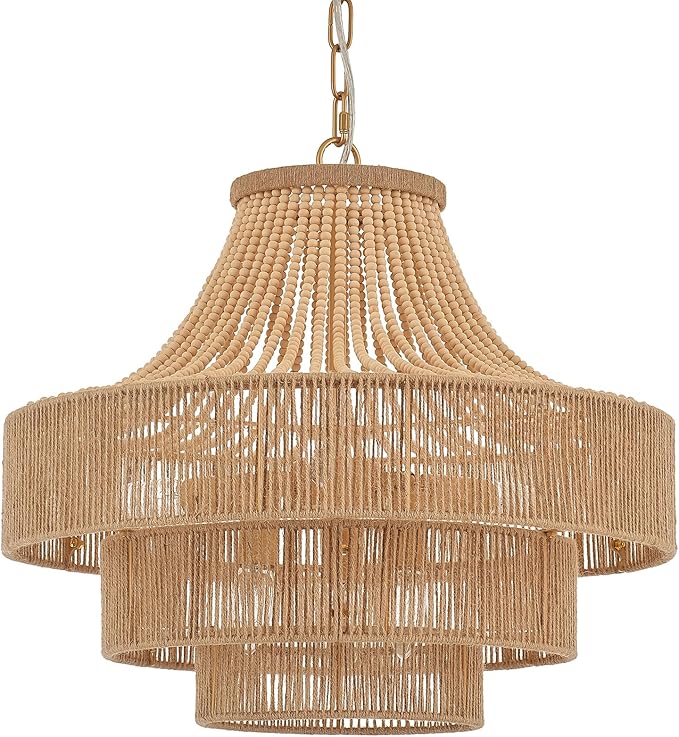 Wood Beaded Rattan Chandelier Boho Hand Woven Pendant Light 6-Lights Adjustable Coastal Pendant Lighting Fixtures for Dining Living Room Kitchen Hallway, Dia 20”, UL Listed