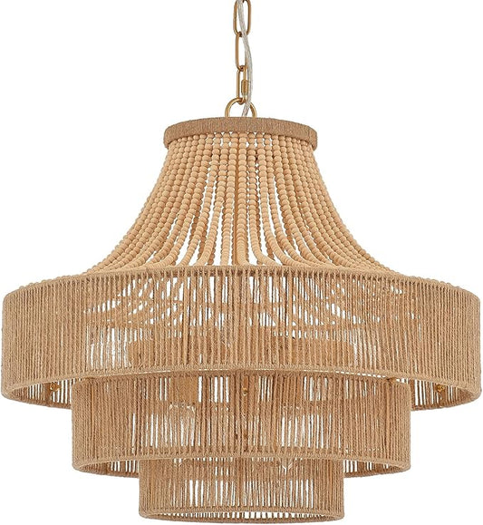 Wood Beaded Rattan Chandelier Boho Hand Woven Pendant Light 6-Lights Adjustable Coastal Pendant Lighting Fixtures for Dining Living Room Kitchen Hallway, Dia 20”, UL Listed