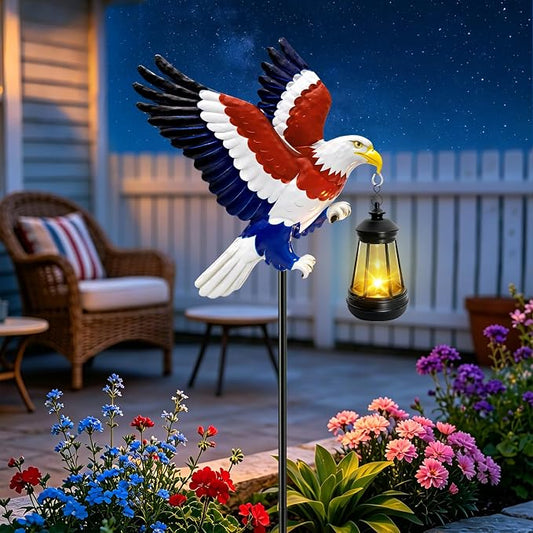 4th of July Independence Day Solar Eagle Garden Lantern Outdoor,Patriotic Bald Eagle Decor Lights,Waterproof Solar Yard Light with LED,American Gifts for Dad Veterans