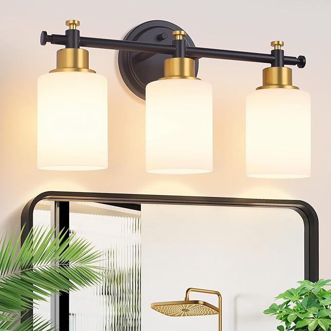 3-Light Bathroom Vanity Light, Black and Gold Vanity Lights for Bathroom with Milky White Glass Shade, Vanity Light Fixture Over Mirror, Modern Style, 16 Inch Compact, E26 Base