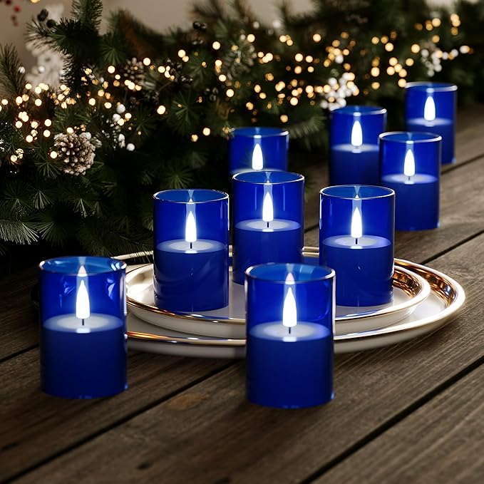 VIODAIM 12Pack Flickering Flameless LED Candles with Timer, Battery Powered - Small Pillar & Votive, Acrylic Made, Blue (2"X3")