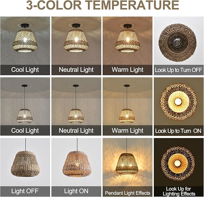 13.8" Rattan Pendant Light,Boho Hand Woven Wicker Hanging Light Seagrass Rattan Chandelier for Dining Living Bedroom Farmhouse Kitchen