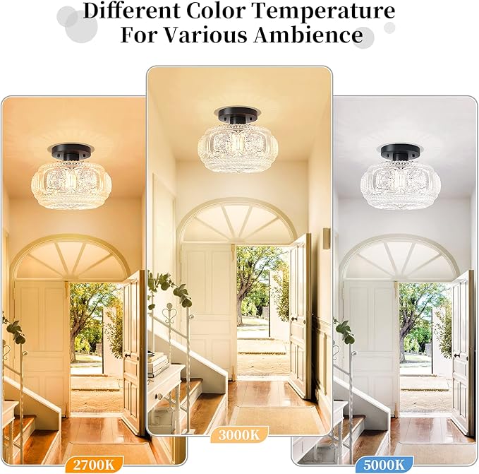 Semi Flush Mount Ceiling Light, Globe Glass Ceiling Light Fixture, Black Modern Lighting for Hallway Porch Corridor Kitchen Bedroom, Bulb Not Included