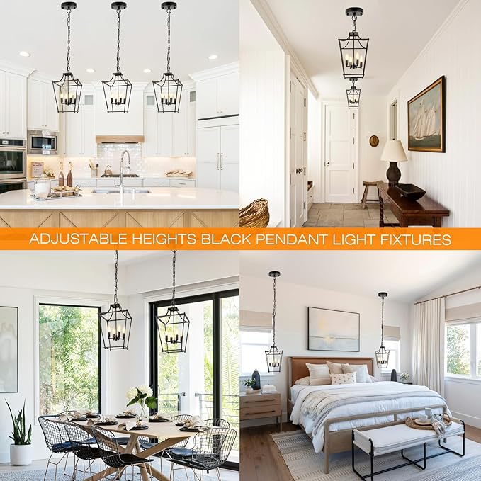 Black Lantern Pendant Light 4-Light Pendant Light Fixtures Hanging Farmhouse Chandelier with E12 Bulb Base, 12" Adjustable Lantern Light Fixture for Dining Room Kitchen Foyer