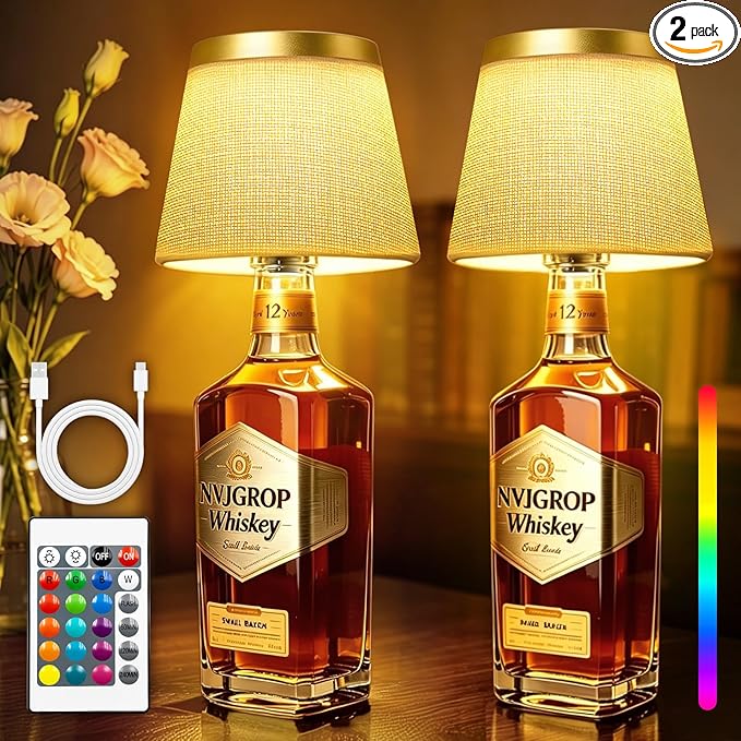 Wireless Bottle Lamp,Rechargeable RGB Linen Bottle Stopper Lam Have 6000mAh Battery Continuous Use for 20-60 Hours，Suitable for Bedrooms Bars Living Rooms Table（2 Pack）.