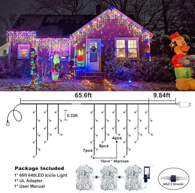 Icicle Christmas Lights Outdoor - 66FT 640 LED Icicle Lights for Outside with 8 Modes Timer, 120 Drops Waterproof Connectable Hanging String Lights Indoor for Roof Patio Party Decorations, Multicolor