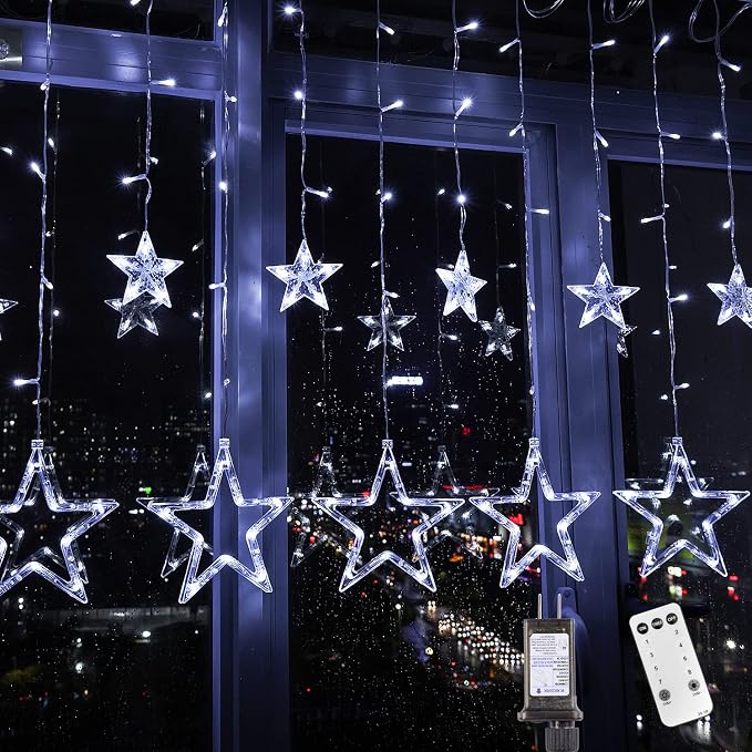 Blingstar Star Curtain Lights - 138 LED 12 Star Lights, 8.2ft Extendable, 8 Modes, Remote, Cool White