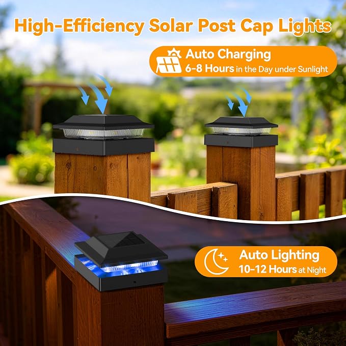 12 Pack Solar Post Cap Lights RGB Color Changing, IP65 Waterproof for 4x4 Wood/Vinyl Posts, Auto On/Off Fence Posts Solars Light for Deck Patio Garden Decoration, Black