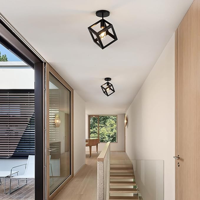 Modern Black Flush Mount Ceiling Light Fixture, Metal Frame Light Fixture,Farmhouse Light Fixture for Entryway Porch Hallway Stairway Garage Living Room Dining Room Balcony