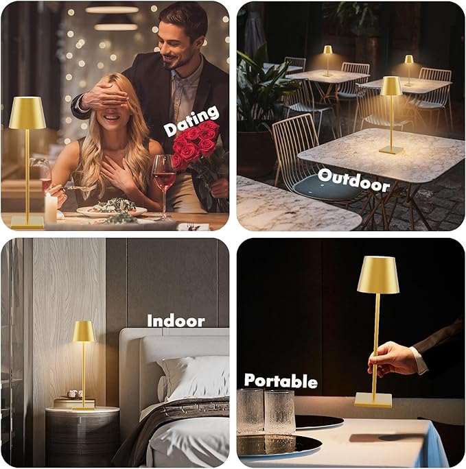 2-Pack LED Cordless Table Lamp with RGB & Stepless Dimming, 3W 5000mAh Rechargeable Desk Lamps Battery Operated Table Light Stepless Dimmable Portable Table Lamp for Table/Bedroom/Outdoor (Gold)