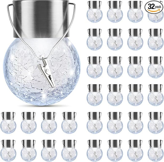 PARTPHONER 32 Pack Hanging Solar Lights Outdoor, Waterproof Solar Globe Lantern with Handle and Clip, Decorative Cracked Glass Ball Lights for Christmas Decor, Tree, Yard, Garden, Patio (Cold White)