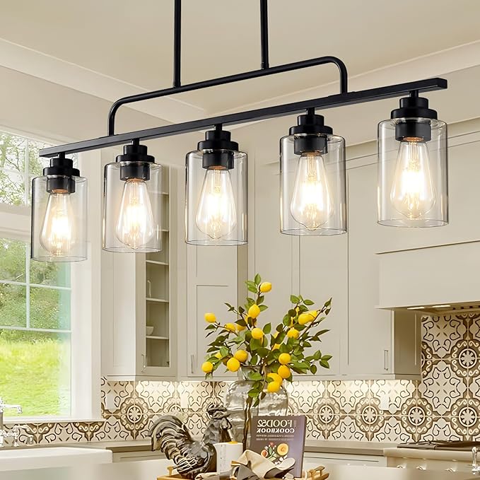 Dining Room Light Fixture - Black 5-Light Farmhouse Chandelier Kitchen Island Lights Fixtures Modern Linear Chandeliers Hanging Pendant Lighting Over Table for Dining Room