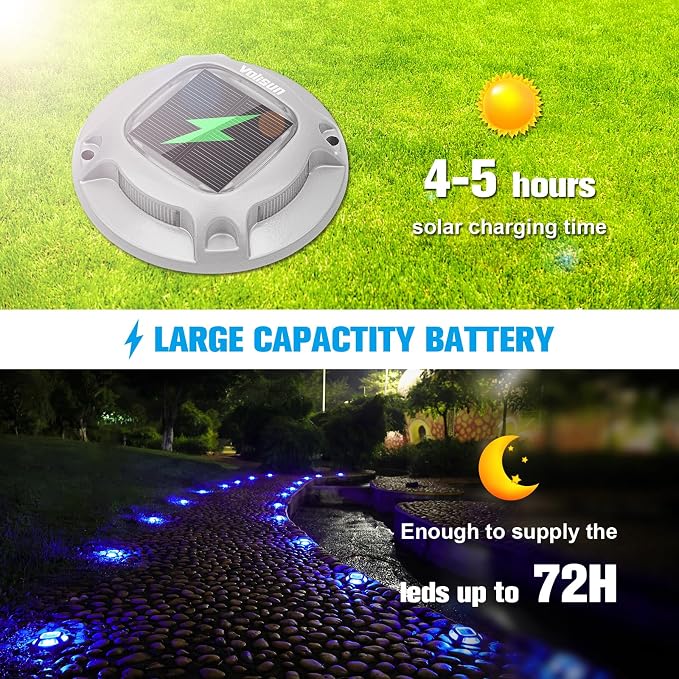 VOLISUN Solar Dock Marine Lights 12 Pack,2 Colors in 1,Outdoor IP67 LED Solar Powered Waterproof Driveway Marker Deck Lights for Warning Step Sidewalk Pathway (White/Blue),Saltwater Resistant