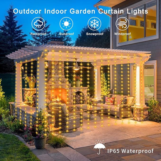 echosari Solar Curtain Lights 7.9ft x 6ft 144 LED Outdoor Curtain Lights Waterproof with Timer 8 Modes for Christmas Garden Patio Fence Wedding Wall Window Gazebo Decor - Warm White