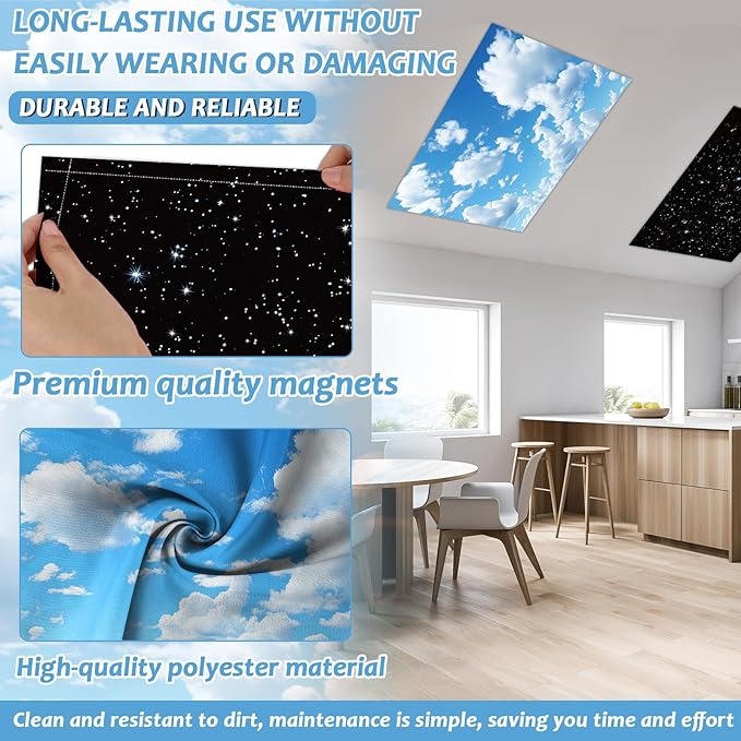 Wiooffen 6 Pcs Fluorescent Light Cover with 60 Magnets Decorative for Classroom Ceiling Lights 4 x 2 Feet Magnetic Light Covers Filter Easy Install for Office Hospitals & Home (Cloud and Starry Night)