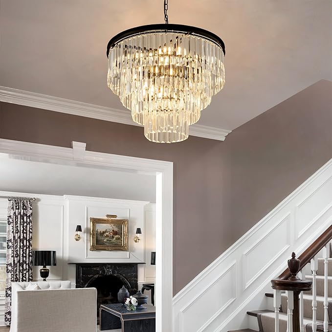 Modern Crystal Chandelier Lights 22.8" 10-Light K9 Crystal Pendant Light 4-Tier Black Luxury Crystal Hanging Dining Room Light Fixture for Living Room Kitchen Bedroom Stairway Office Foyer
