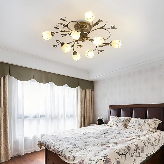 31.5 Inch 8-Lights Branch Shaped Ceiling Lights, Creative Retro Style Flower Vine Ceiling Light Fixtures, Country Style Ceiling Lamp for Living Room, Bedroom, Kitchen, Study Room