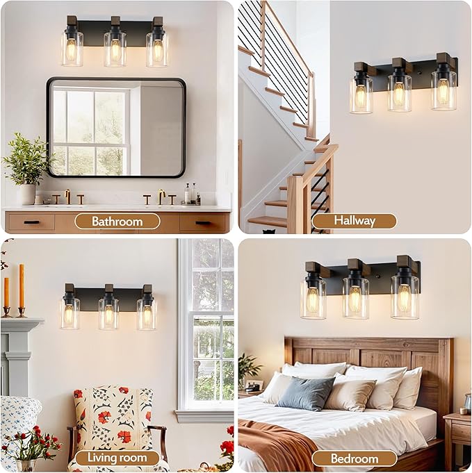 Farmhouse Bathroom Vanity Light Fixtures, Rustic 3-Light Wood Vanity Lights for Bathroom, Vintage Black Wall Sconces Lighting, Light fixtures Over Mirror, with Glass Shade