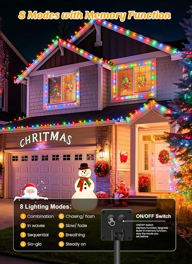 Brightown Solar Christmas Lights Outdoor, 4 Pack Total 184FT 480 LED Solar String Lights Outdoor Waterproof Green Wire with 8 Modes, Solar Fairy Light for Garden Yard Patio Party Decors, Multicolor