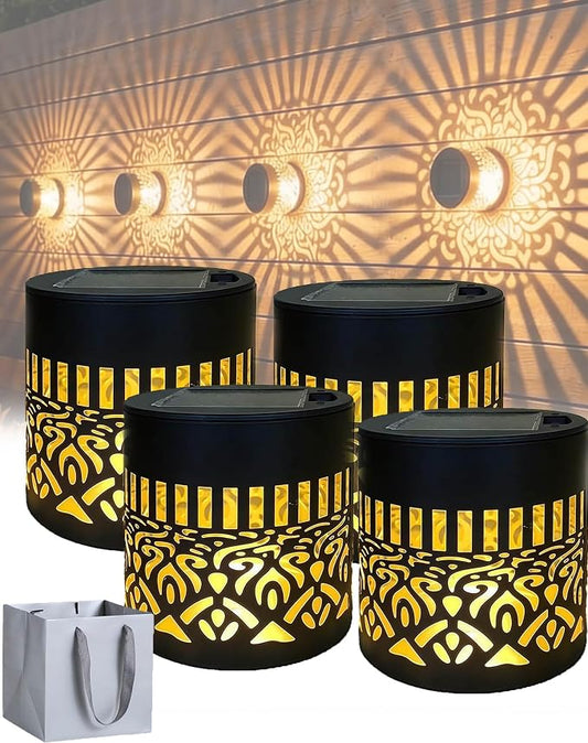 Decorative Solar Mandala Lights, 2027 New Solar Mandala Lights Outdoor, Waterproof Metal Solar Fence Lights, Warm White LED Shadow Projector, Solar Powered Garden Decor for Patio, Porch, Wall (4set)