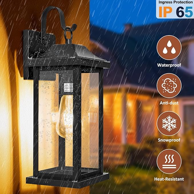 2-Pack Large Outdoor Light Fixtures IP65 Waterproof, Exterior Matte Black Sconces Wall Lighting Anti-Rust Porch Lights Outdoor with Clear Glass 17” Outside Modern Wall Lanterns for House