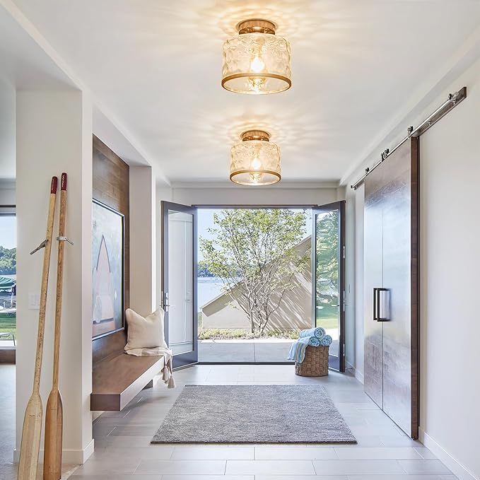 Zlepmlla Modern Semi Flush Mount Ceiling Light with Industrial Clear Hammered Glass Lampshade, Farmhouse Ceiling Lights fixtures in Satin Nickel for Hallway Kitchen Bathroom Bedroom