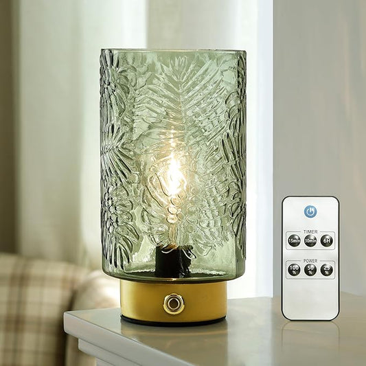 ULAROOM Cordless Lamp Rechargeable Battery Operated lamp, Glass Table Lamp Remote Control - Dimmable Brightness Touch Wireless Bedside Lamp for Bedroom Kitchen Dining Home Living Room Decor Green