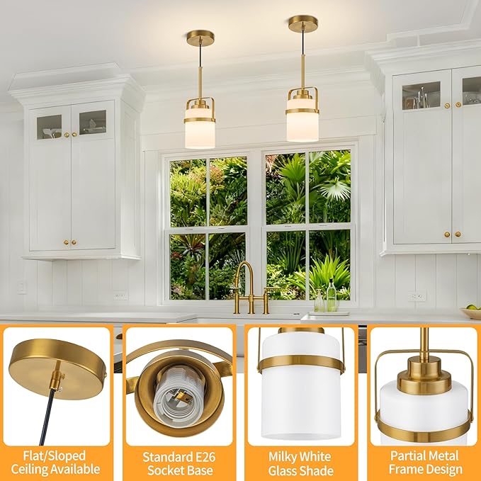 Modern Brass Pendant Lights Kitchen Island Light, Adjustable Hanging Light Fixture with Milk Glass Shade, Farmhouse Pendant Light for Dining Room Bar Over Sink/Table/Counter, 2 Pack