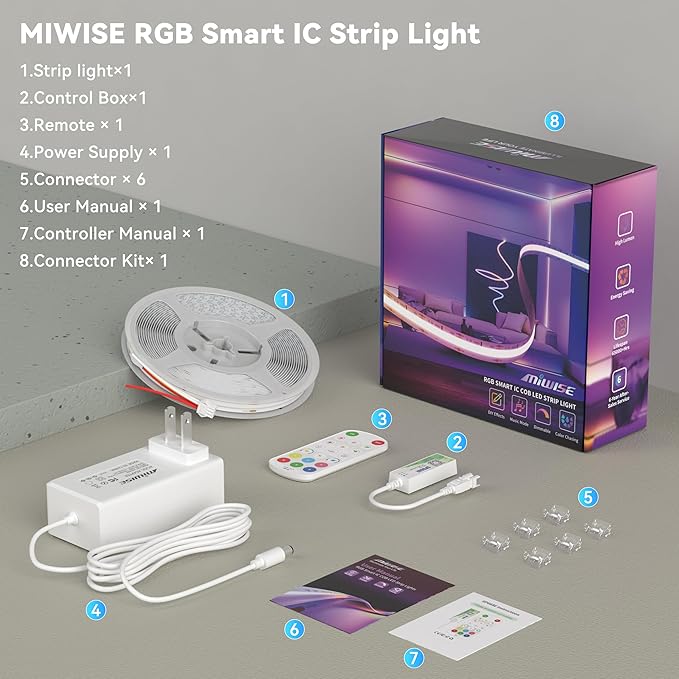 MIWISE LED Strip Lights,RGB Smart IC COB LED Strip Light Color Chasing,24ft Multicolor Flexible LED Tape Light,Music Sync with APP Control,Addressable DIY 16M Colors,for Cabinet,Bedroom,Party Decor
