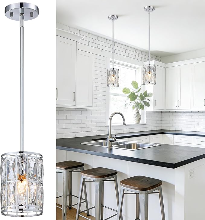 2-Pack Crystal Pendant Light, Modern Chrome Finish Hanging Lighting with Clear Crystal Chandelier, Adjustable Height Mini Island Light Fixture for Kitchen, Dining Room and Living Room