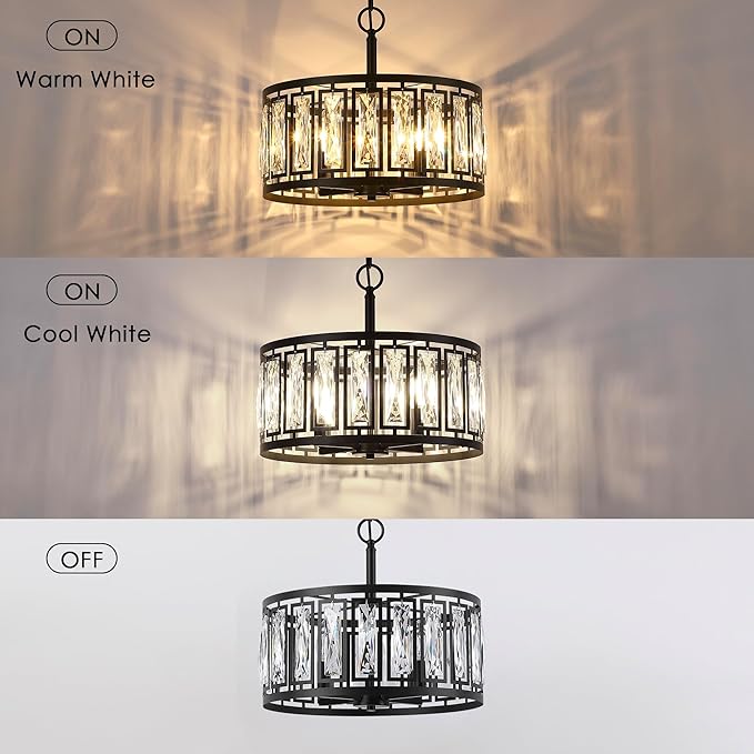 Modern Crystal Chandeliers, 4 Lights Matte Black Pendant Lighting Fixture for Dining Room Adjustable Hanging Ceiling Light for Kitchen Island