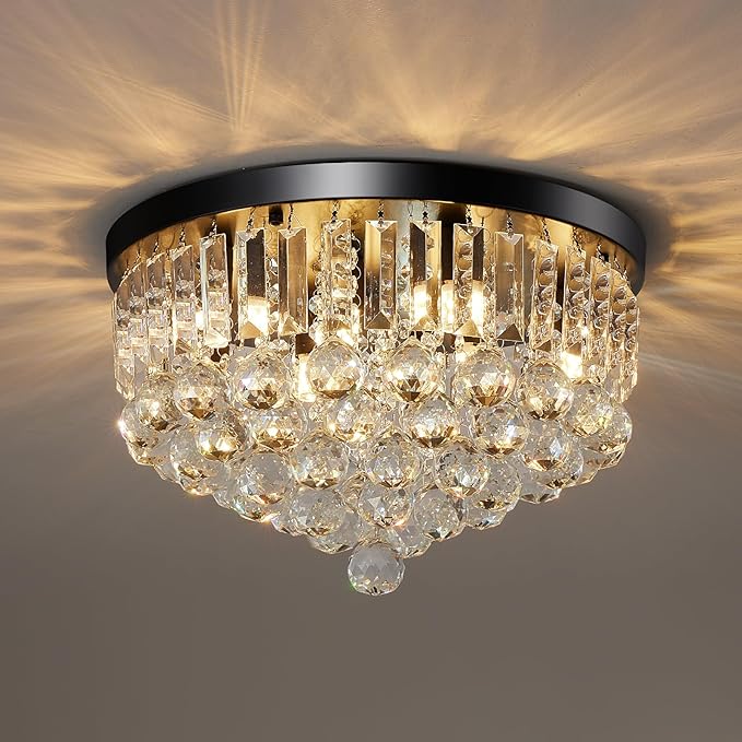 8-Light Modern Crystal Chandelier Black Metal G9 Base Flush Mount Round Light Fixture Ceiling Lamp Farmhouse for Dining Living Room Laundry Foyer Kitchen Balcony Bedroom (H 11''x W 16'')