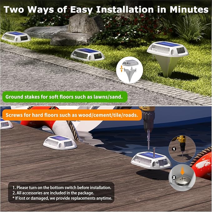 4Pack Aluminum Alloy Solar Driveway Lights, IP68 Solar Deck Light Marine Dock Lights Outdoor Waterproof, Multi-color LED Driveway Markers for Walkway, Path Decor [12Modes - Strobe/RGB/Fix-color]