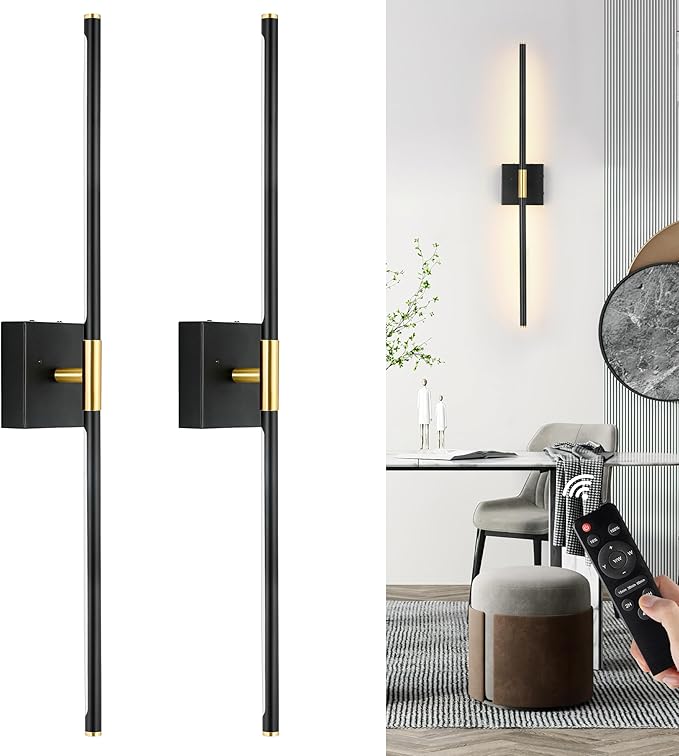 Morauroral 30 Inch Battery Operated Wall Sconces Set of Two, Dimmable Wall Sconces with Remote Control, Black Gold Rechargeable Sconces, LED Sconce Wall Light for Bedroom, Living Room, Bathroom