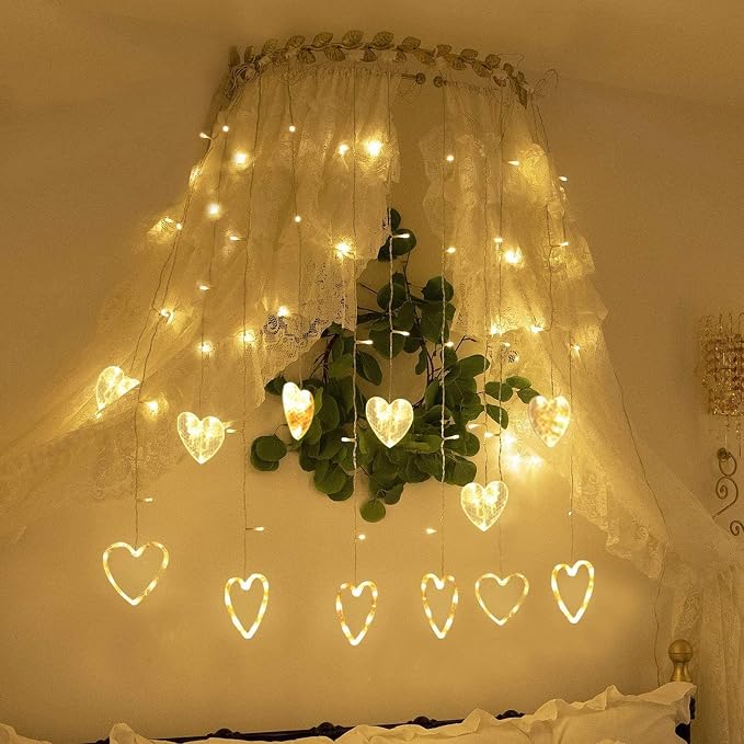 Efunly Valentines Day Decor Lights,138 LED 12-Heart-Shaped String Lights Waterproof,8 Modes Connetable 29V Plug in Curtain Lights for Kids Bedroom Wedding Party Valentines Day Decoration (Warm White)