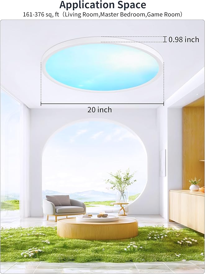 20 Inch Flush Mount Ceiling Light with Blue Sky Cover, Dimmable Ceiling Lamp with Remote, 42W LED Lighting Fixtures Sunlight Effect, Modern Slim Design for Classroom Bedroom Living Room, Round White