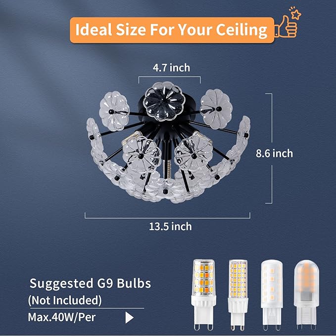 Semi Flush Mount Ceiling Light, Black Metal Flower Ceiling Light Fixtures, 3-Light Farmhouse Close to Ceiling Lamp Fixture for Bedroom Closet Kitchen Living Room Hallway(Dia 13.8")