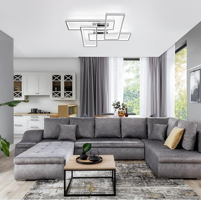 Dimmable Modern LED Ceiling Light, 4-Square Modern Ceiling Lighting for Living Room with Remote Control 26In Chrome Bedroom Ceiling Lights Fixures for Kitchen, Bathroom, Dining Room