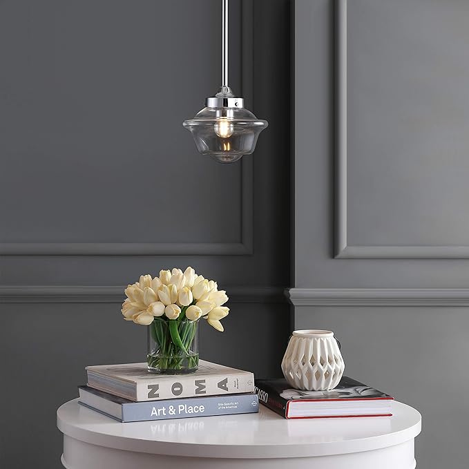 JONATHAN Y 7.25" Chrome Modern Schoolhouse LED Pendant Light Fixture, Adjustable Drop Metal Hanging Lamp with White Glass Shade for Kitchen Island, Dining Room, Foyer (JYL3516B)