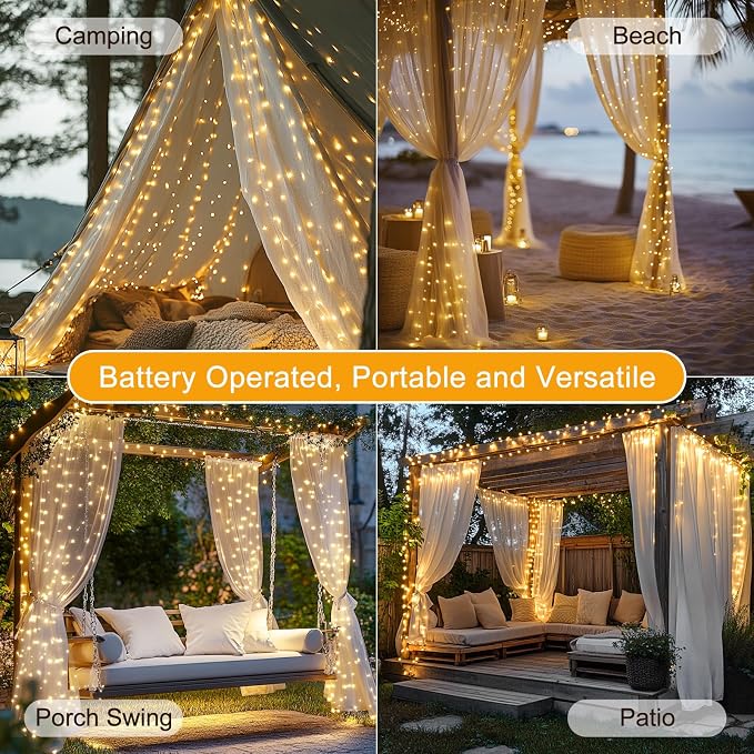 Fairy Lights for Shower Curtains, Waterproof String Lights for 72 x 72 Inches Shower Curtains Battery Operated Warm White Curtain Lights for Bathroom, 180 LEDs Indoor Outdoor Decor (NO CURTAIN)
