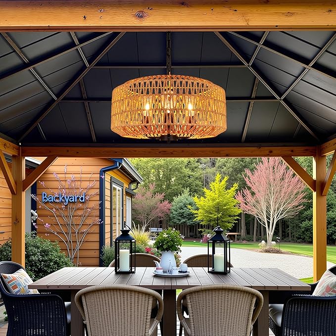 Outdoor Solar Chandelier, 4-Light 20" Rattan Outdoor Chandelier, Hanging Waterproof Pendant Lights, for Gazebo, Porch, Patio, Pergola