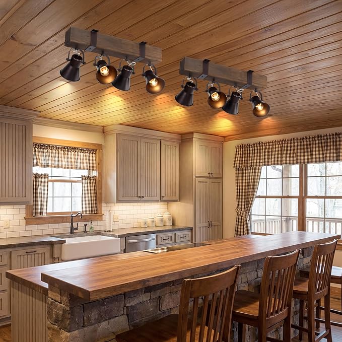 SEEBLEN 4 Light Semi Flush Mount Ceiling Light, Farmhouse Wooden Track Lighting Fixtures Ceiling, Rustic Kitchen Lights Ceiling for Island Dining Room Living Room.