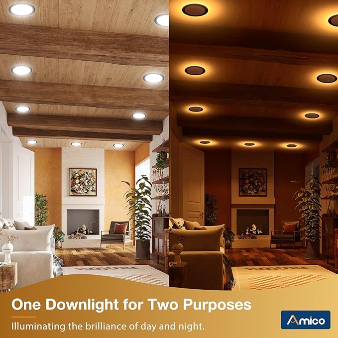 Amico 12 Pack Black 6 Inch 5CCT LED Recessed Ceiling Light with Night Light, 2700K/3000K/3500K/4000K/5000K Selectable Ultra-Thin Lighting, 12W=110W, 1100LM, Dimmable Canless Wafer Downlight - ETL&FCC