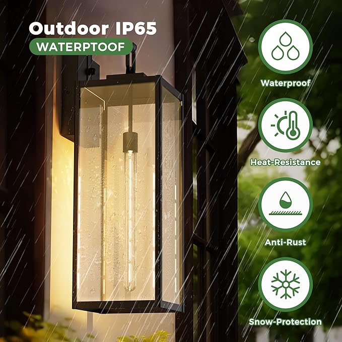 DORESshop 24 Inch Large Size Dusk to Dawn Outdoor Wall Lights, Matte Black Waterproof Anti-Rust Outdoor Light Fixtures Wall Mount with Clear Glass Shade for Porch, with T30 Light Bulbs, 2 Pack