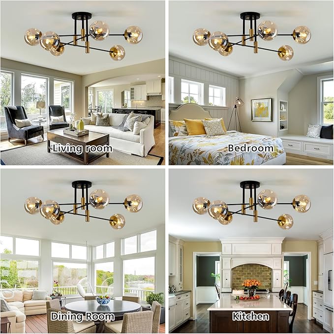 SZXYKEJI 6-Lights Sputnik Ceiling Light Fixture Mid Century Modern Glass Globe Flush Mount Chandelier Black and Gold Farmhouse Lighting for Living Room Dining Room Bedroom Kitchen