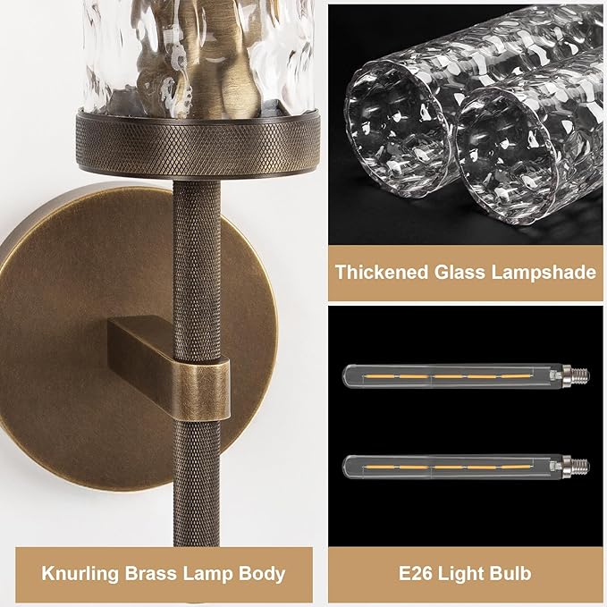 Bronze Wall Sconces Set of 2, 19.5" Brushed Brass Knurled Bathroom Wall Sconces with Water Ripple Glass Shade, Dimmable Indoor Vanity Wall Light Fixtures for Living Room Hallway Bedroom
