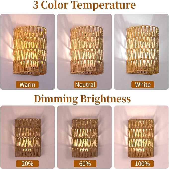 FINCMY Boho Wall Decor Battery Operated Wall Sconce Set of 2, 18 RGB Colors Wall Lights Changeable Dimmable Wireless Wall Sconces for Bedroom Living Room Hallway, Natural Hemp Rope Boho Decor